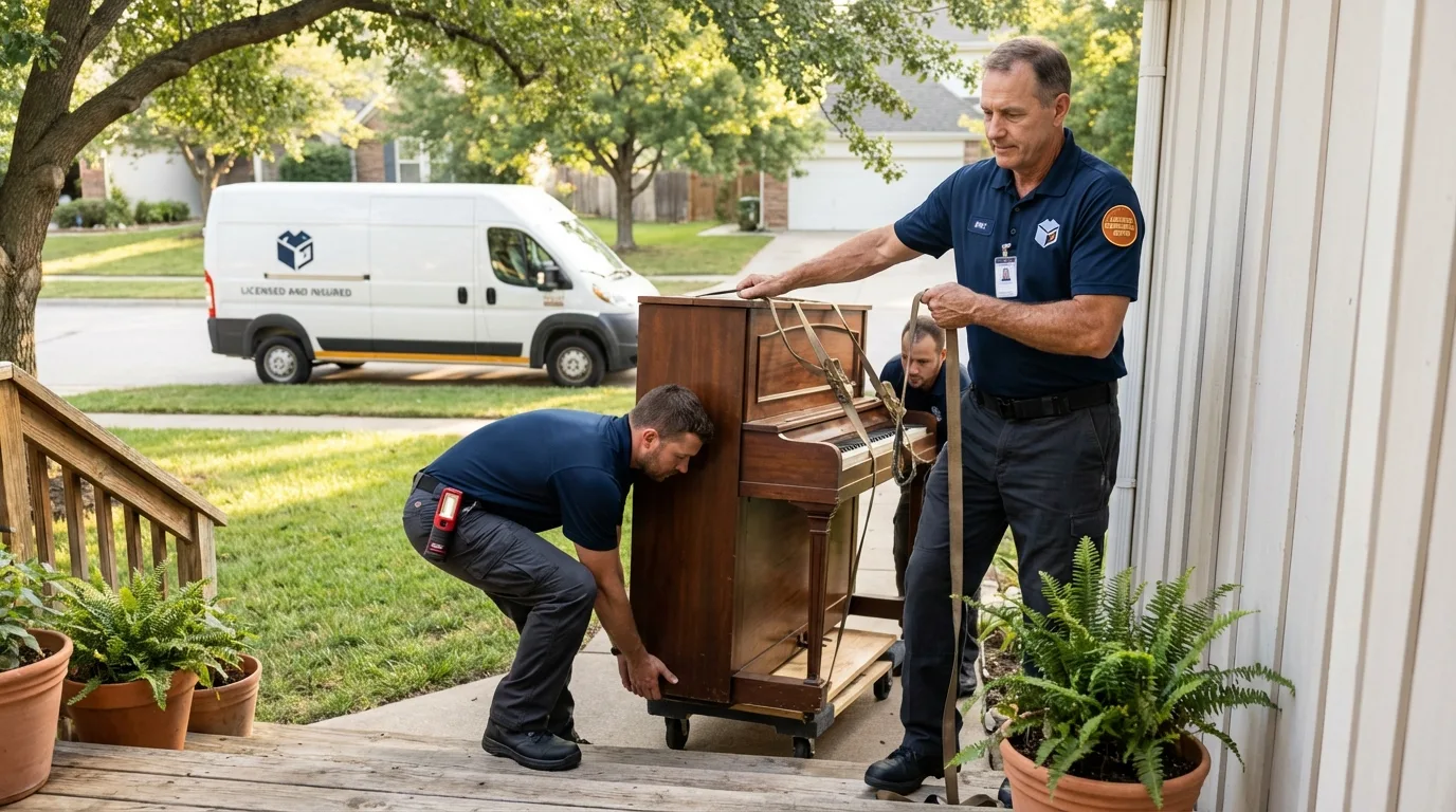 Licensed piano movers securing grand piano in Lander, WY