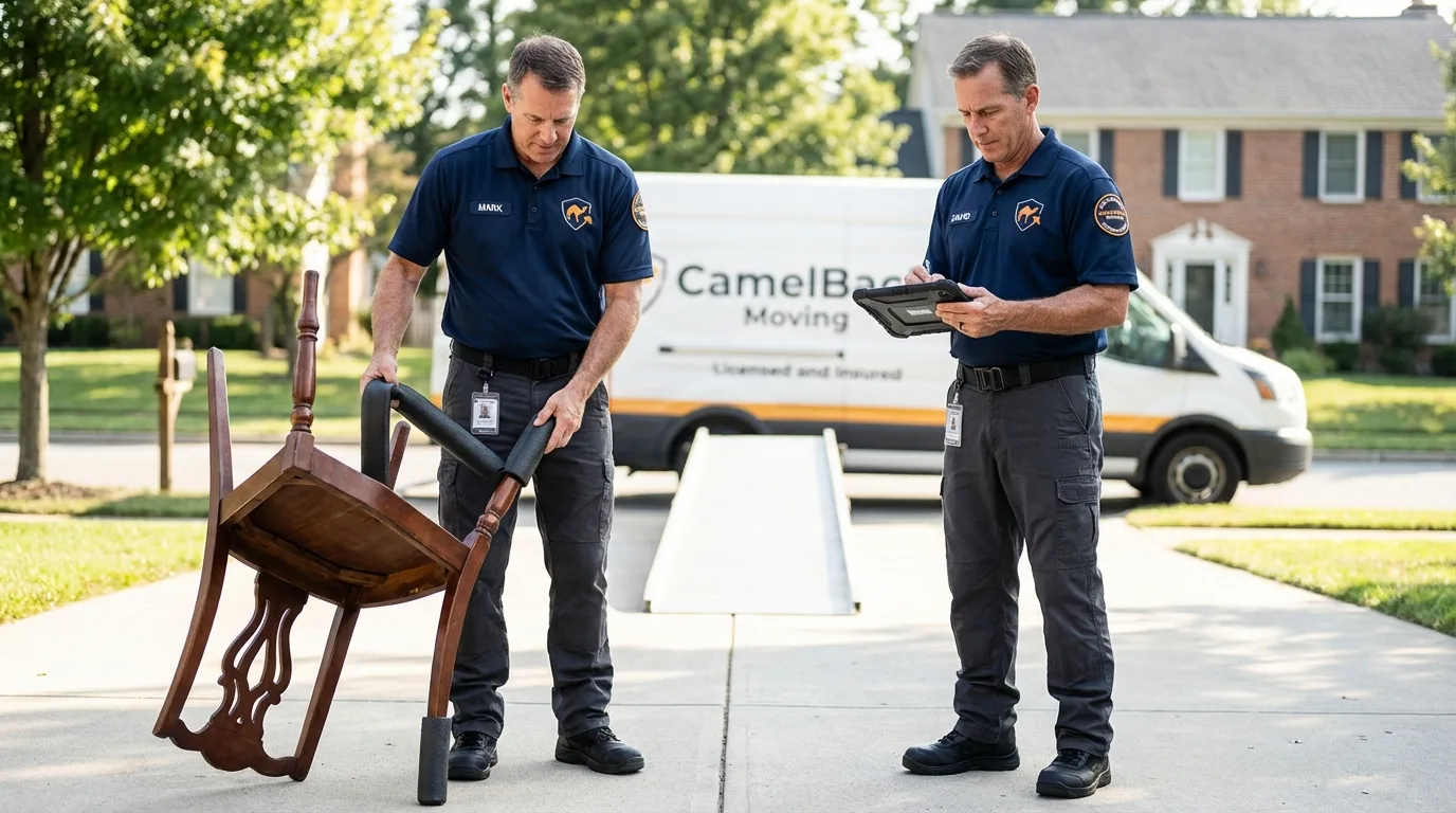 Movers inspecting furniture for damage prevention before loading in Lander, WY